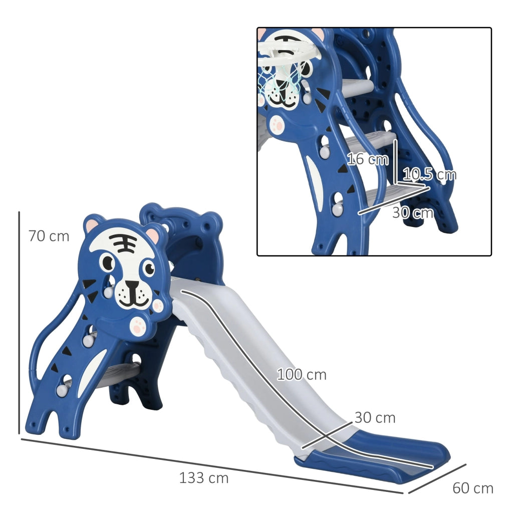 Scivolo per Bambini 133x60x70 cm con Canestro Laterale in PE Blu e Grigio