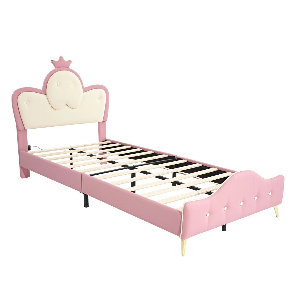 Letto Imbottito Singolo con LED e Testiera a Corona ¨C MINIMAL ¨C Rosa/Bianco, PU, 90x200 cm