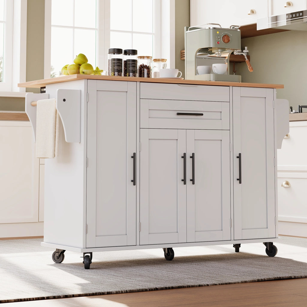 Carrello cucina mobile con piano estraibile 120×45 cm, 2 cassetti, ripiani regolabili e ruote frenanti