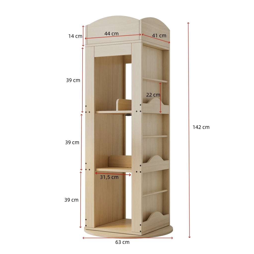 Libreria girevole 360° in MDF naturale, scaffale salvaspazio multifunzione per libri e giochi