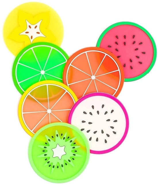 Set regalo di 7 bicchieri in silicone con motivi di frutta, 7 colori, decorazione per tavola per cocktail party e wijnliefhebbers, dimensioni 8,5x8,5 cm