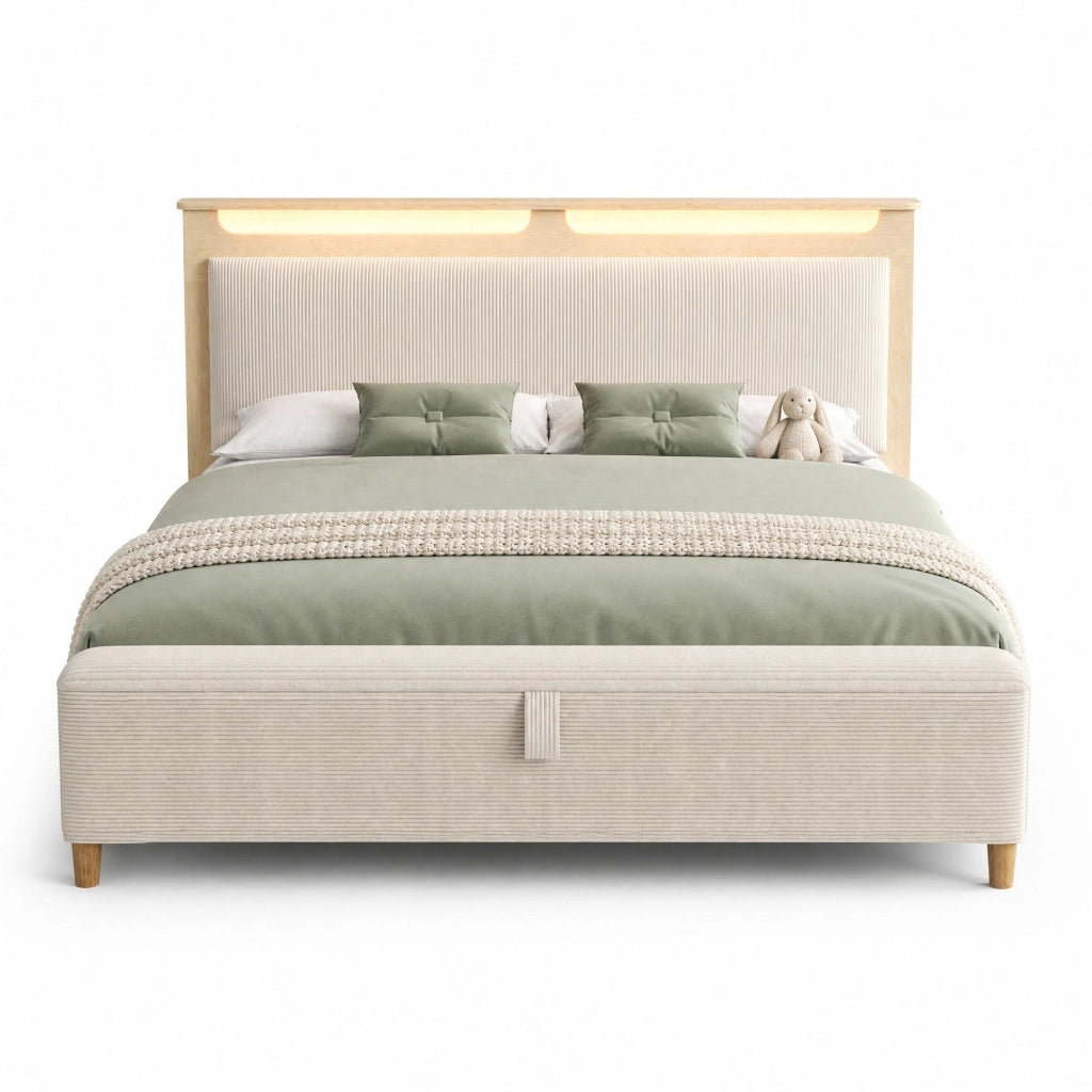 Letto matrimoniale 160x200 cm in legno e corduroy beige con contenitore; LED e panca