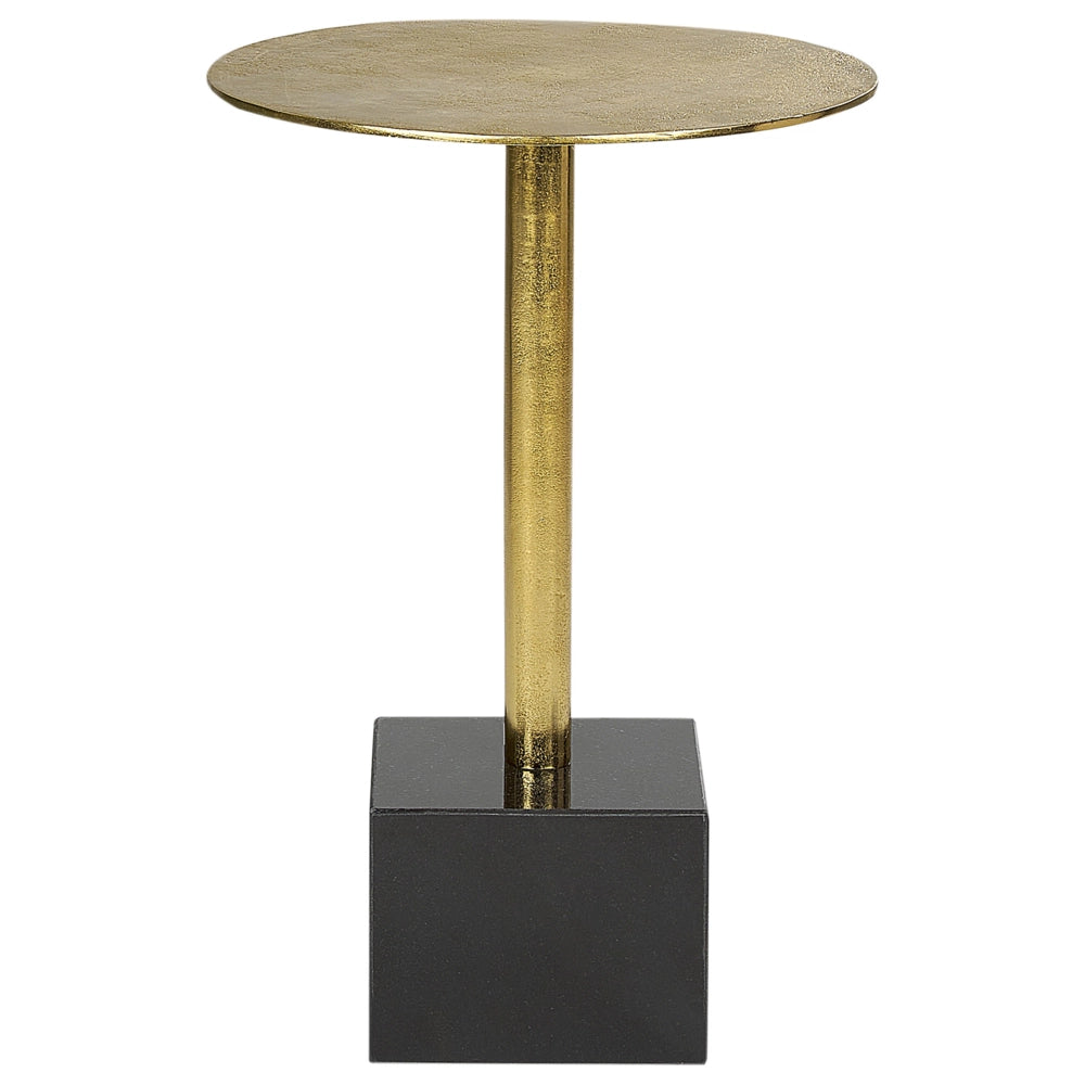 Tavolino moderno rotondo di forma geometrica con piano in metallo e base in pietra nero e oro soggiorno salotto