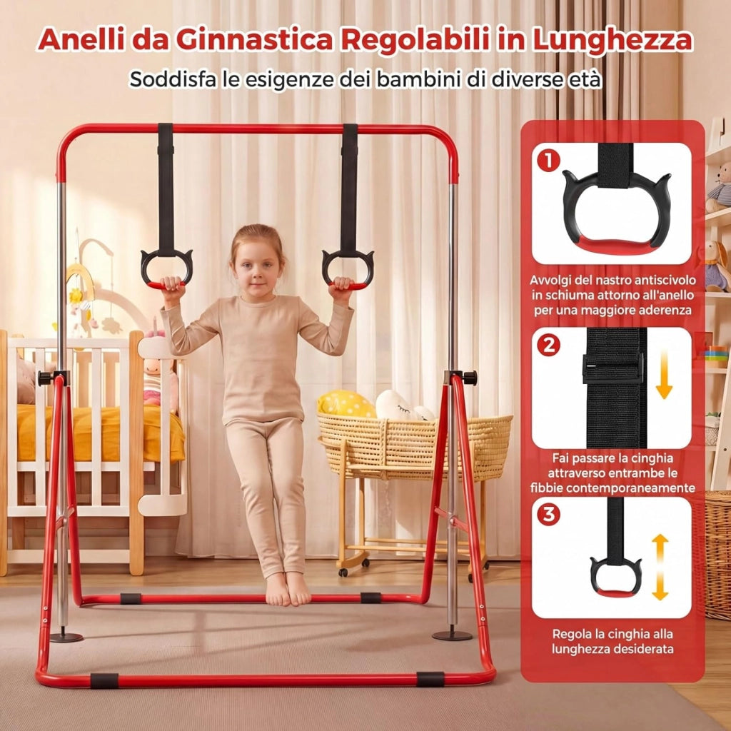 Sbarra Ginnastica Pieghevole per Bambini, Barra Ginnastica per Casa Regolabile a 4 Livelli con Anelli e Cuscinetti Antiscivolo, Attrezzatura Ginnastica per Bambini 3-12 Anni
