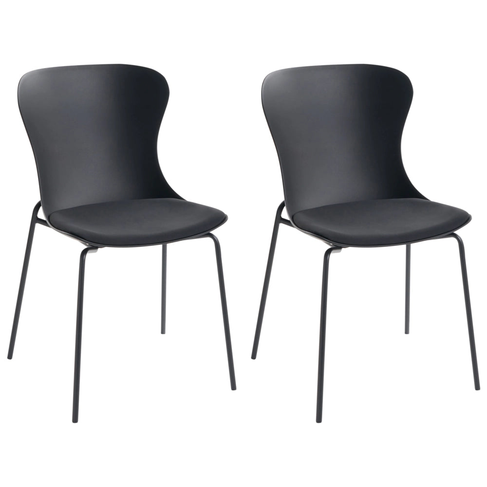 Set di 2 sedie da pranzo con seduta in materiale sintetico nero e struttura in metallo, con cuscino, in stile minimalista scandinavo