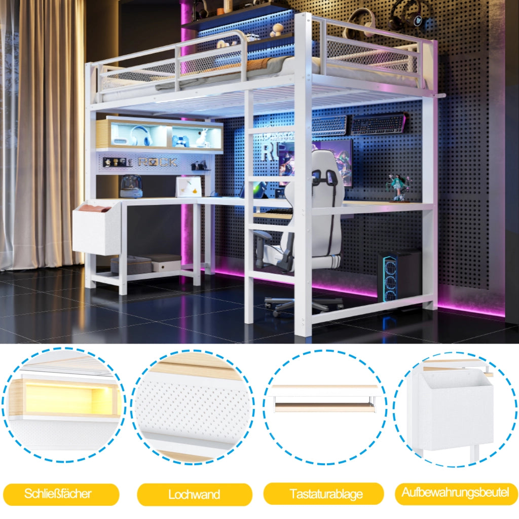 DESMIU Lit mezzanine 90 × 200 cm con scrivania, ripiani, LED, prese e USB, senza materasso, bianco