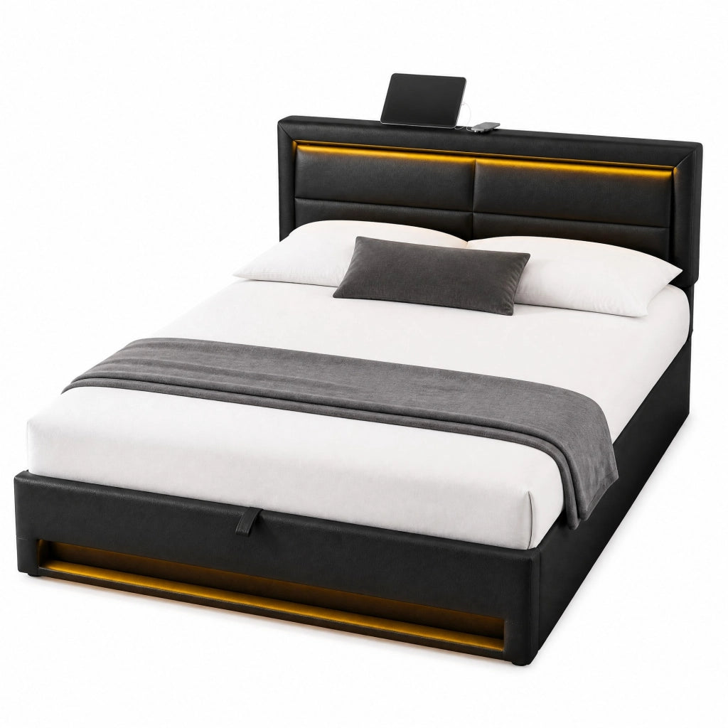 Letto imbottito 140x200 cm con LED, USB e vano contenitore