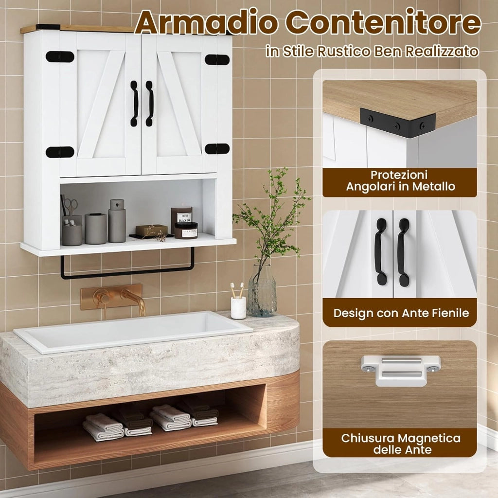 Mobiletto da Parete per Bagno con Porta Asciugamani, Armadietto Farmhouse con Ante a Botte & Ripiano Regolabile, Organizer da Muro Sopra il WC per Lavanderia, Cucina e Soggiorno
