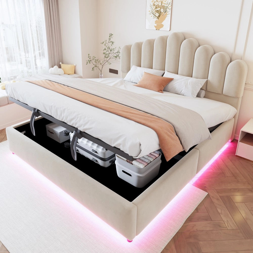 Letto imbottito contenitore con rete a doghe e LED ¨C Minimal ¨C Velluto beige 180x200cm