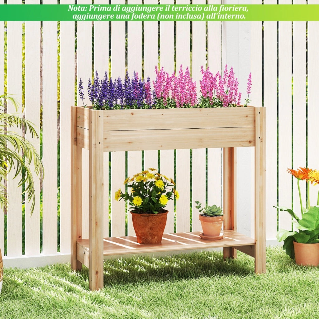 Letto da giardino rialzato in legno con gambe per fiori erbe, Fioriera elevata con mensola di stoccaggio Naturale-Fioriere