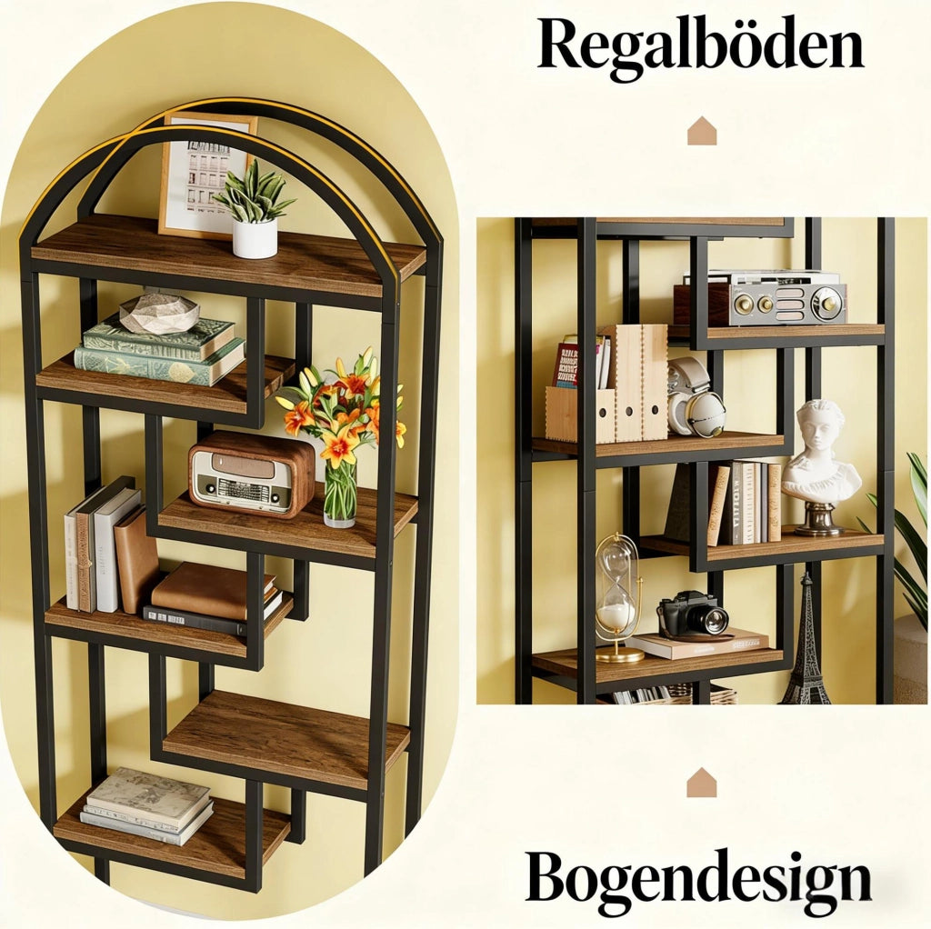 Libreria ULEVR alta 180 cm con 7 ripiani aperti, struttura in metallo e MDF nero e marrone rustico