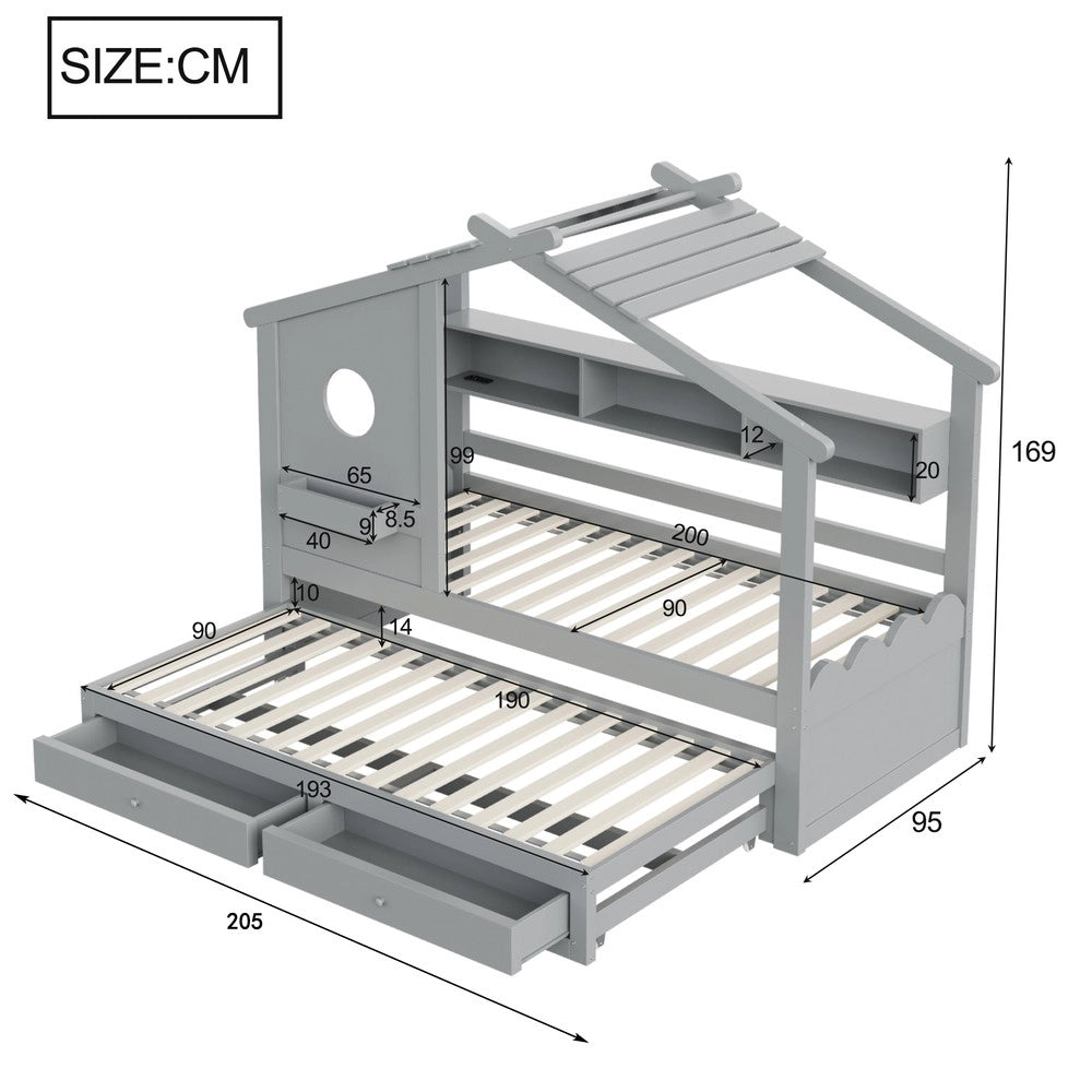 Letto Bambini a Casetta con Letto Estraibile ¨C Xylo ¨C Grigio, LED, Cassetti, USB, 90x200