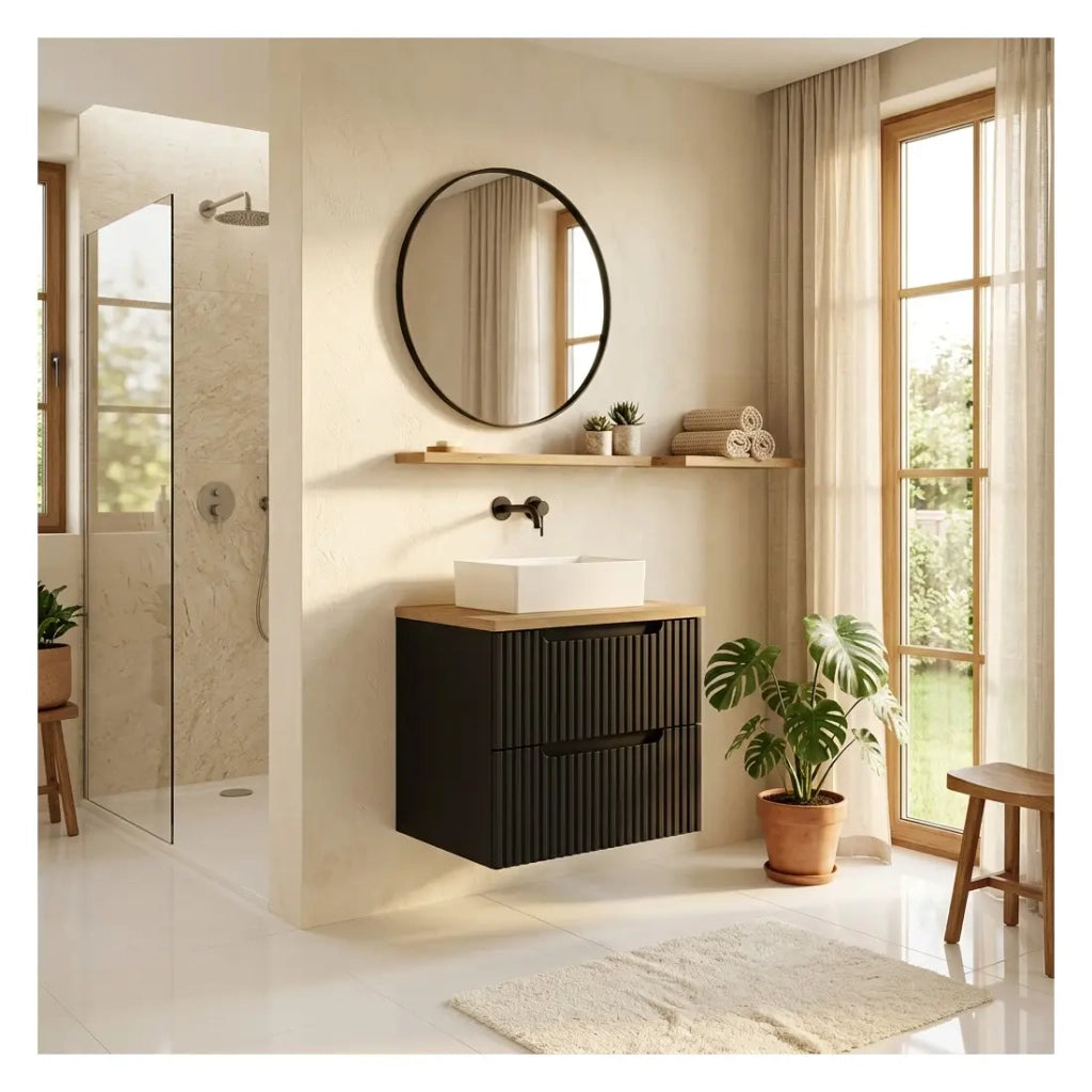 Set VANO 50cm: mobile sottolavabo con cassetti + piano per lavabo in rovere chiaro + lavabo rettangolare da appoggio bianco