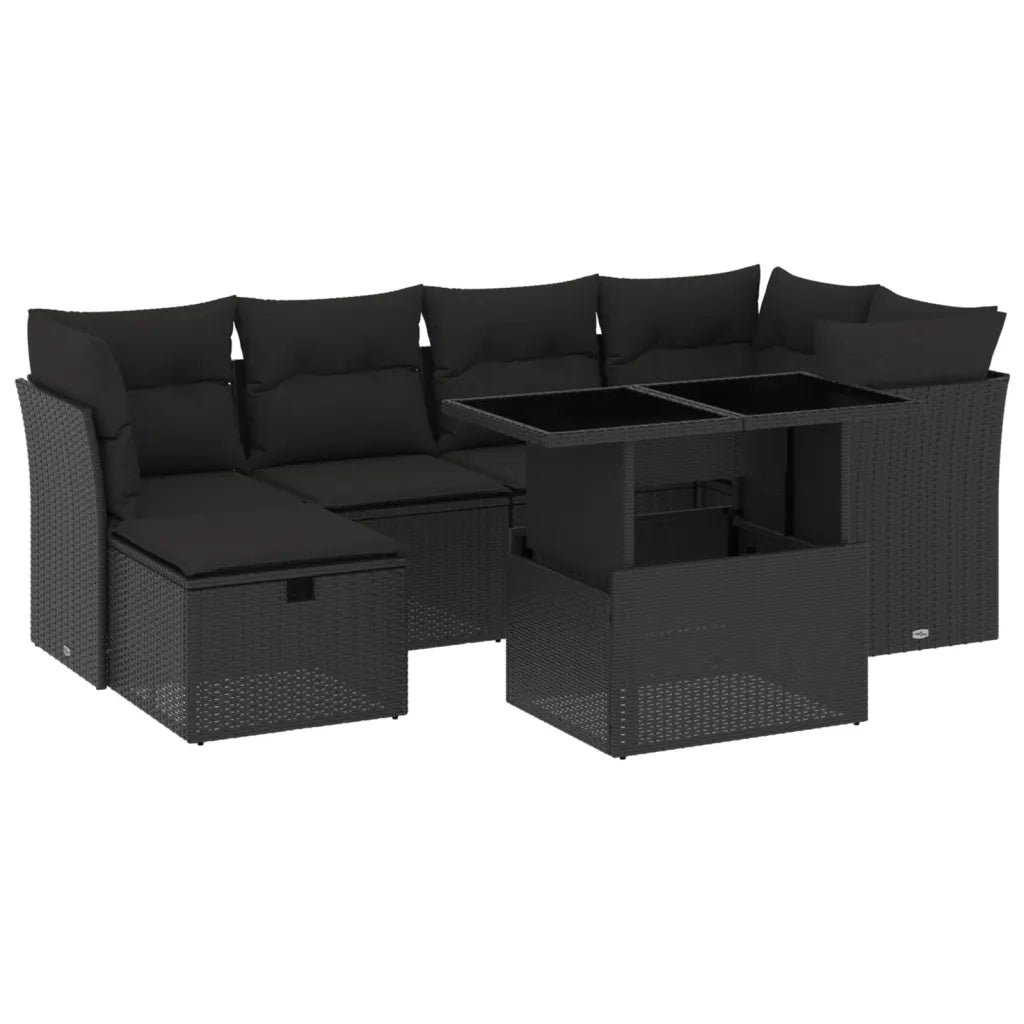 Set Divani da Giardino con Cuscini 7pz Nero Polyrattan
