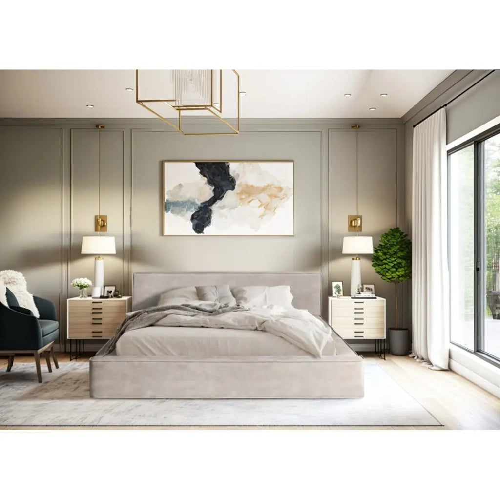 Letto contenitore VELORA – Sabbia – 180x200 cm – Tessuto velluto morbido – Rete sollevabile – Contenitore integrato