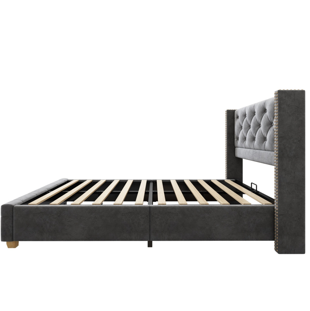 Letto imbottito 90x200 cm; testiera capitonn茅 e dettagli borchiati; velluto grigio (Senza materasso)