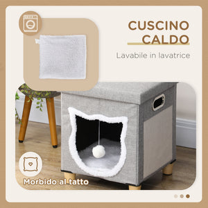 Cuccia a Casetta per Gatti 35,5x35,5x42,5 cm con Tiragraffi in MDF e Poliestere Crema e Grigio