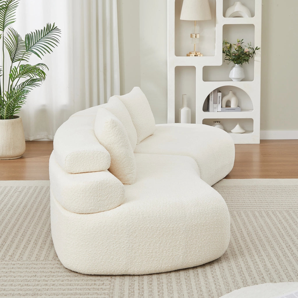 Divano modulare curvo 2 pezzi in ciniglia beige con 3 cuscini schienale