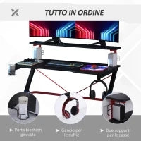 Scrivania da Gaming con Ripiano Monitor, Scrivania per Computer Porta PC con Gancio e Portabicchieri Nera e Rossa, 120x60x97cm