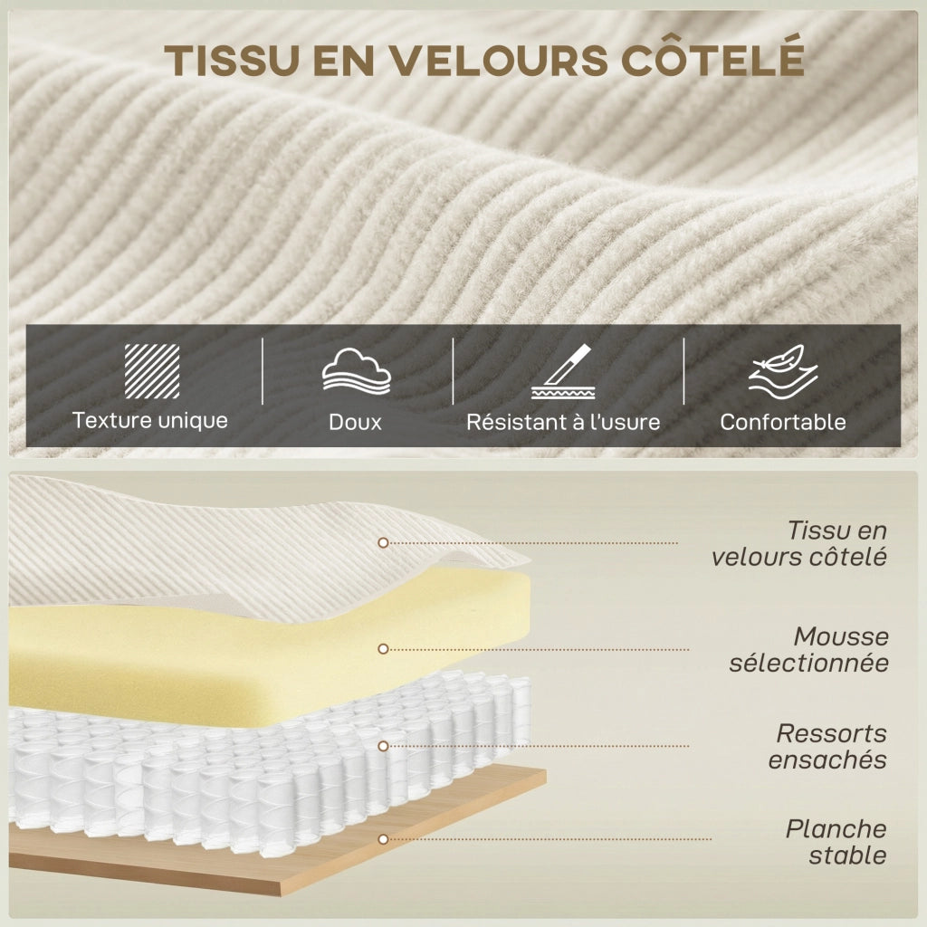 Divano 3 Posti in Velluto ¨C Zephmum ¨C 218x98x90 cm, Beige, Cuscini a Molle