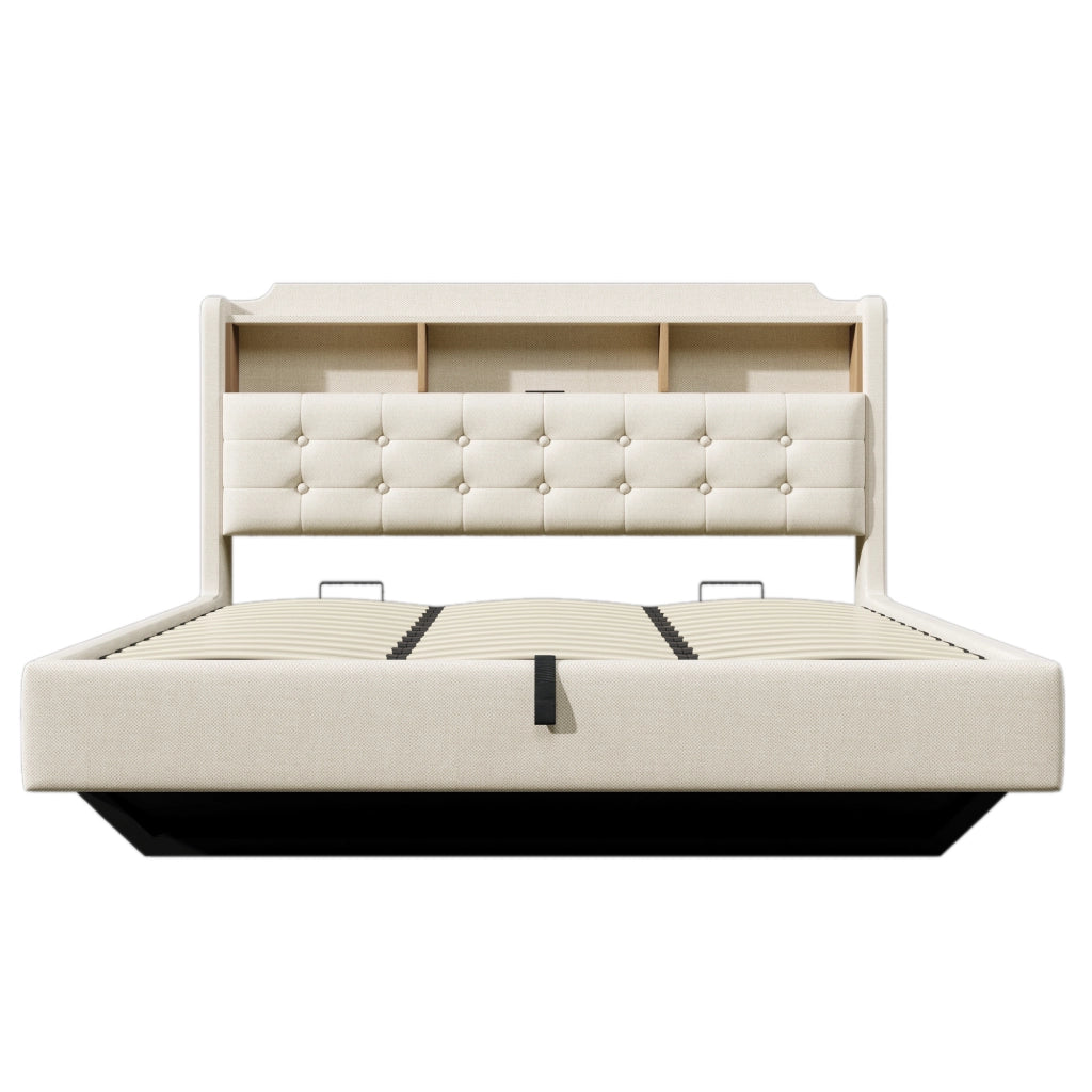 Letto matrimoniale imbottito 180x200 beige con contenitore idraulico; LED multicolore e design sospeso
