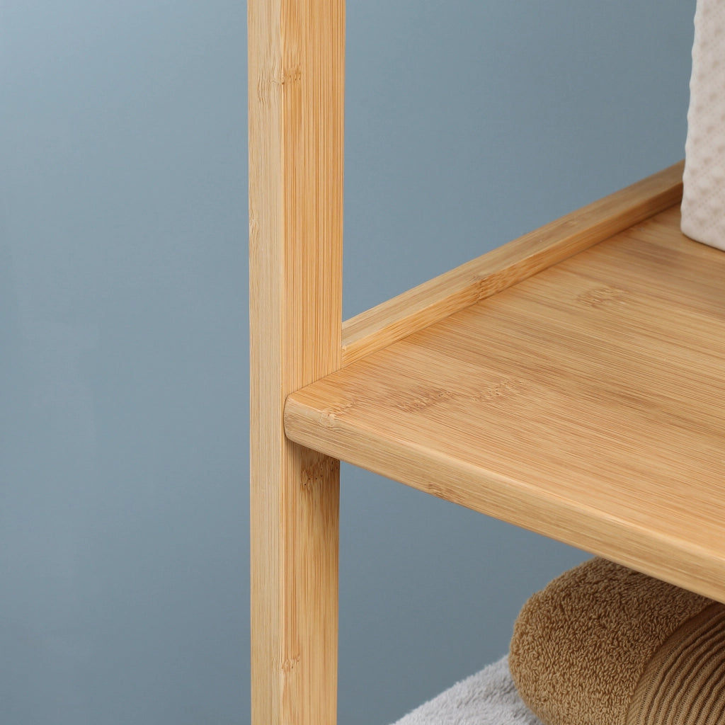 Mobiletto da bagno in bambù con 3 ripiani e 2 cassetti, sicurezza anti-ribaltamento, salvaspazio 30x30x140 cm