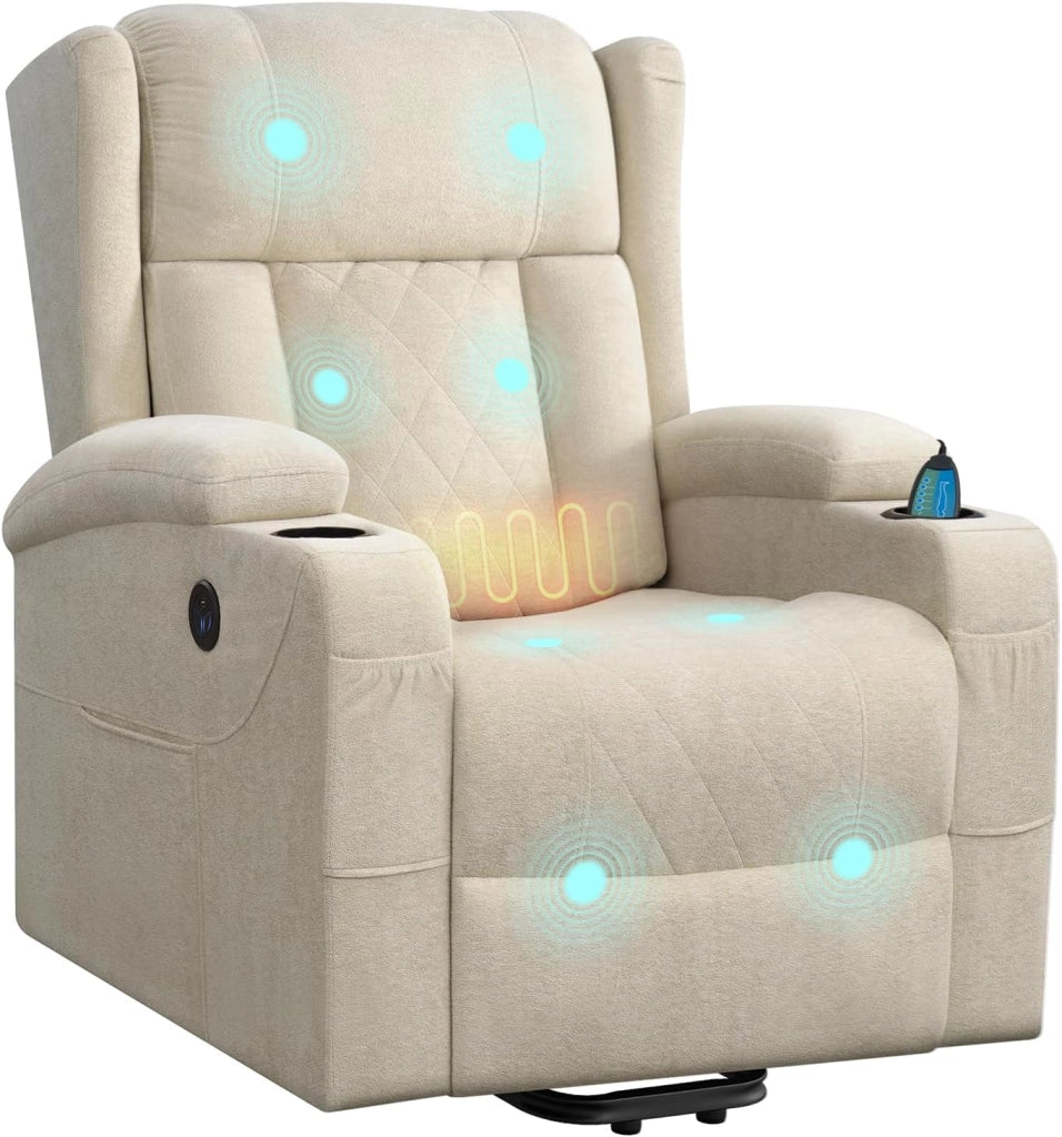 Poltrona Elettrica Reclinabile, Sedia Massaggiante con Alzapersone, Riscaldamento, Poggiapiedi, Tasche Laterali, Porta USB, Portabicchieri, per Soggiorno, PU, Beige, SKS62be