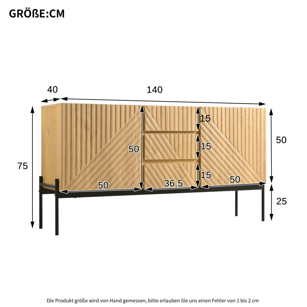 Credenza moderna 140x40x75 cm con ripiani regolabili; pannello truciolare e metallo; Natural