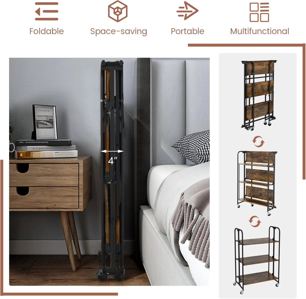 Scaffali pieghevoli con ruote, nessun montaggio Carrello a 3 livelli, 2 delle ruote hanno serrature, carrello multiuso per microonde, rack portatile con telaio in metallo, per cucina, camper