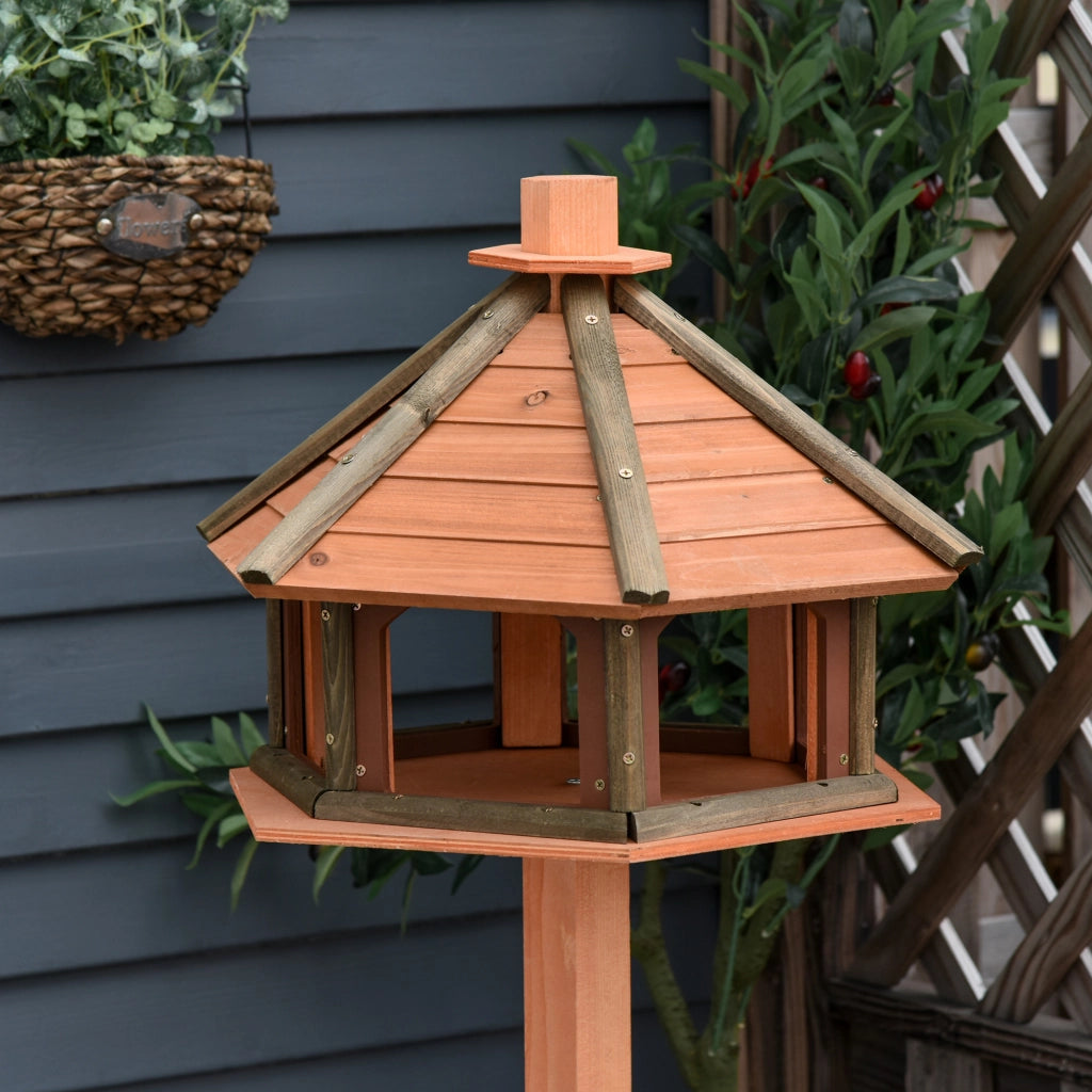Casetta da giardino in legno con tetto a due falde base stabile e piattaforma per cibo e acqua natural Ø52 × 130 cm