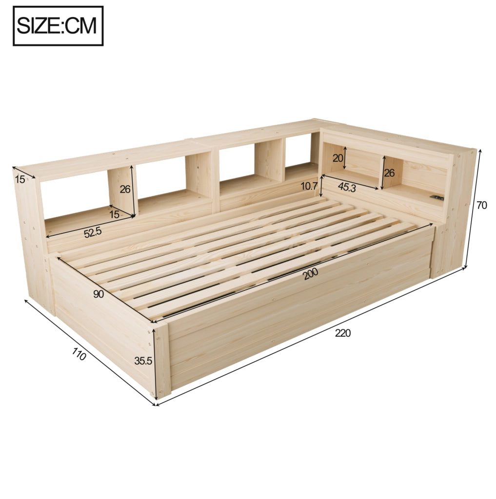 Letto multifunzione 90x200 cm in legno; compensato e MDF con LED; presa e contenitore; naturale