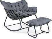 Sedia a Dondolo da Interno ed Esterno, Poltrona a Dondolo con Poggiapiedi e Cuscini Rimovibili, Poltrona Relax in Rattan con Telaio in Metallo per Soggiorno e Giardino, Portata 150 kg (Grigio)