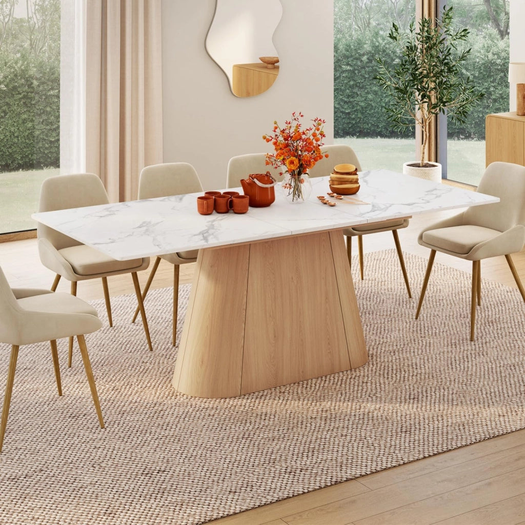 Tavolo da pranzo allungabile rettangolare Rhonda 6-10 Persone piano marmo bianco Alaska e legno in legno faggio 160-200 cm
