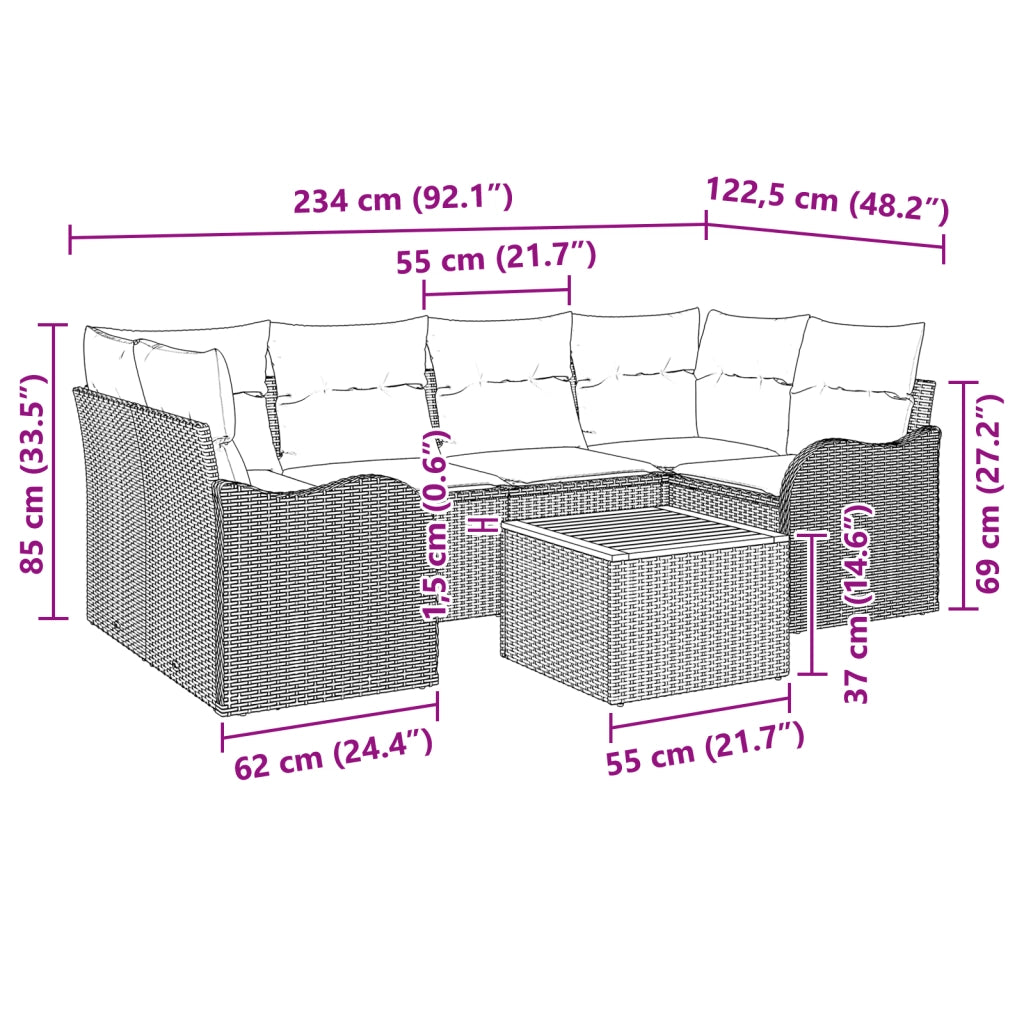 Set Divano da Giardino  da 7 Pezzi con Cuscini Nero Rattan Poliacetato