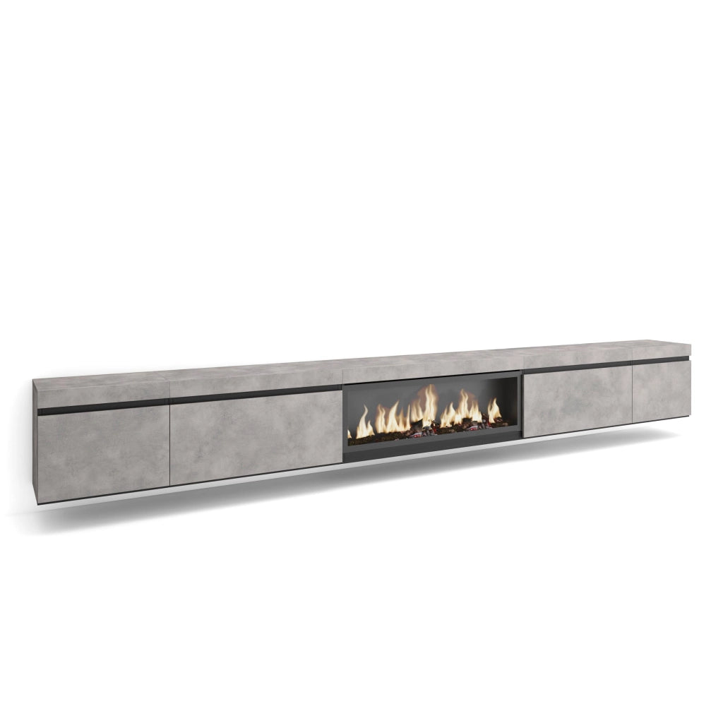 Mobile TV Soggiorno, 368x35x45, Camino elettrico XXL, da appendere, grigio cemento RF3681