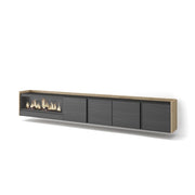 Mobile TV Soggiorno, 315x50x35 cm, Per TV fino a 80", Camino elettrico XXL, Sospeso, da appendere, Nero e rovere