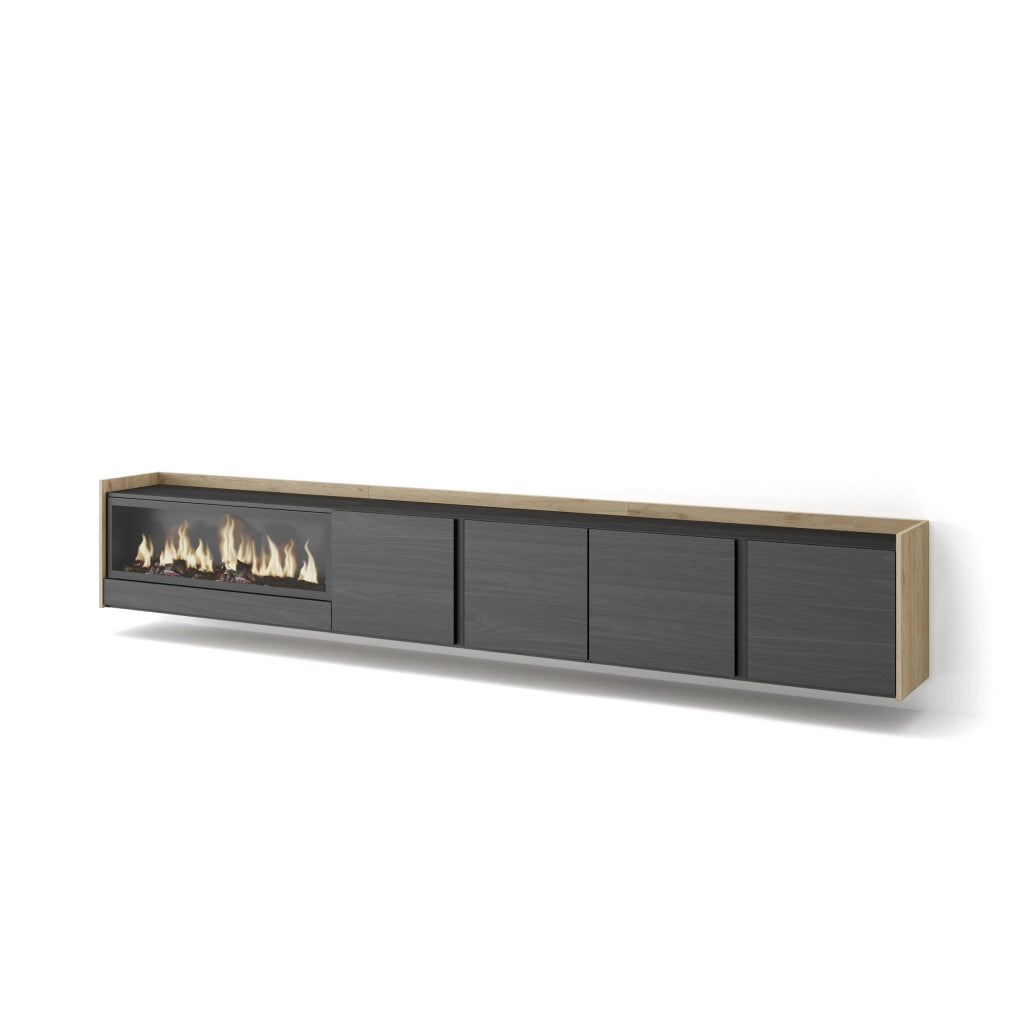 Mobile TV Soggiorno, 315x50x35 cm, Per TV fino a 80", Camino elettrico XXL, Sospeso, da appendere, Nero e rovere