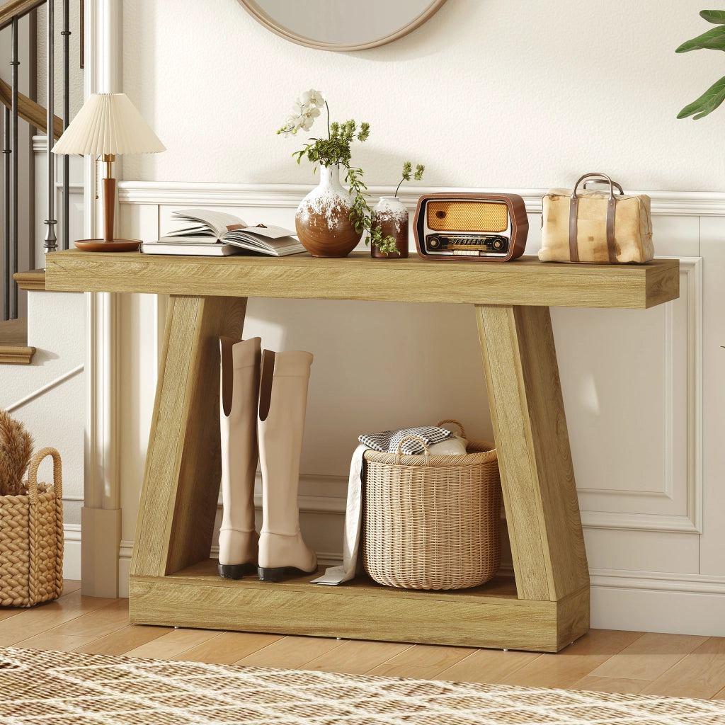 Tavolo Consolle 140 cm. Retro Divano con Contenitore. Rovere.