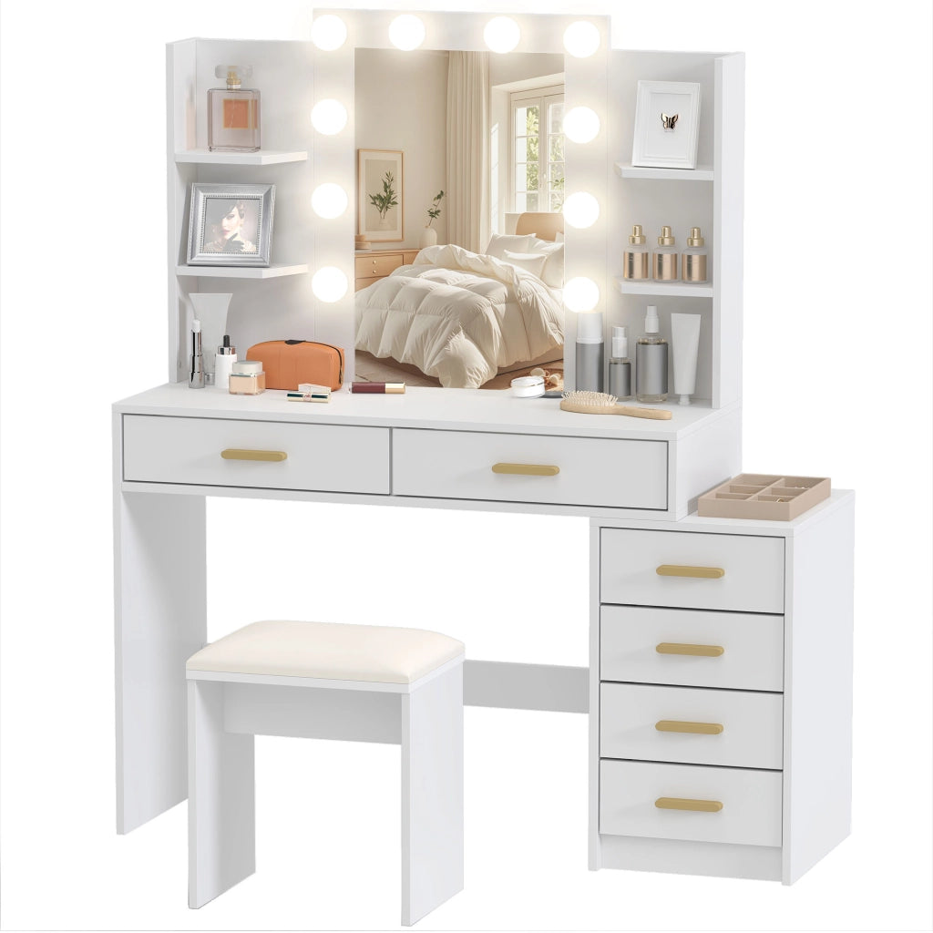 Cassettiera per trucco con specchio illuminato e sgabello imbottito ¨C zephmum ¨C bianco