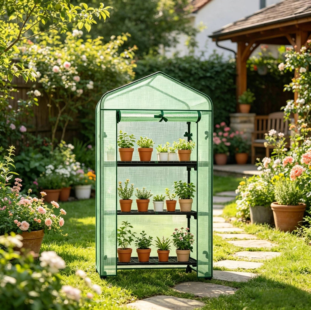 Piccola serra da giardino su ruote 70 x 50 x 131 cm verde in PE e acciaio