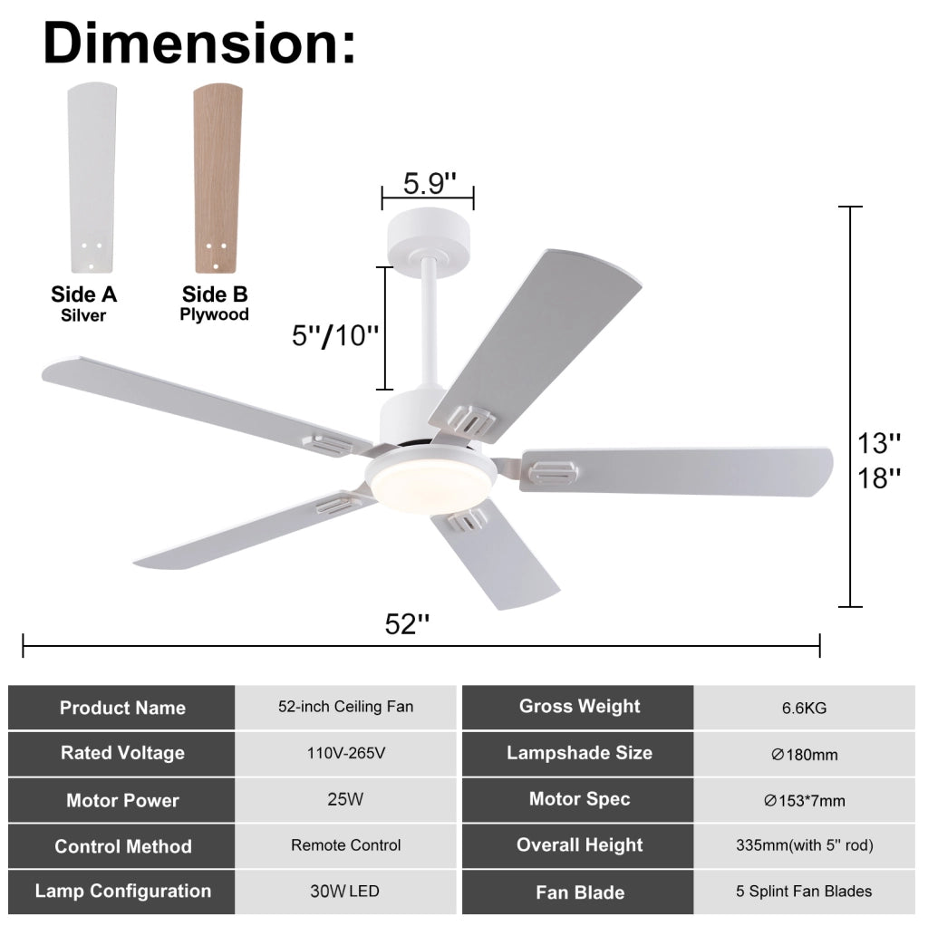 Ventilatore da soffitto con luce LED dimmerabile e telecomando, bianco e rovere chiaro