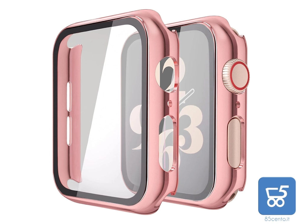 Misxi Custodia rigida con pellicola protettiva in vetro, compatibile con Apple Watch Series 6 / SE/Serie 5 / Series 4 44 mm, 2 pezzi, 1 rosa + 1 trasparente