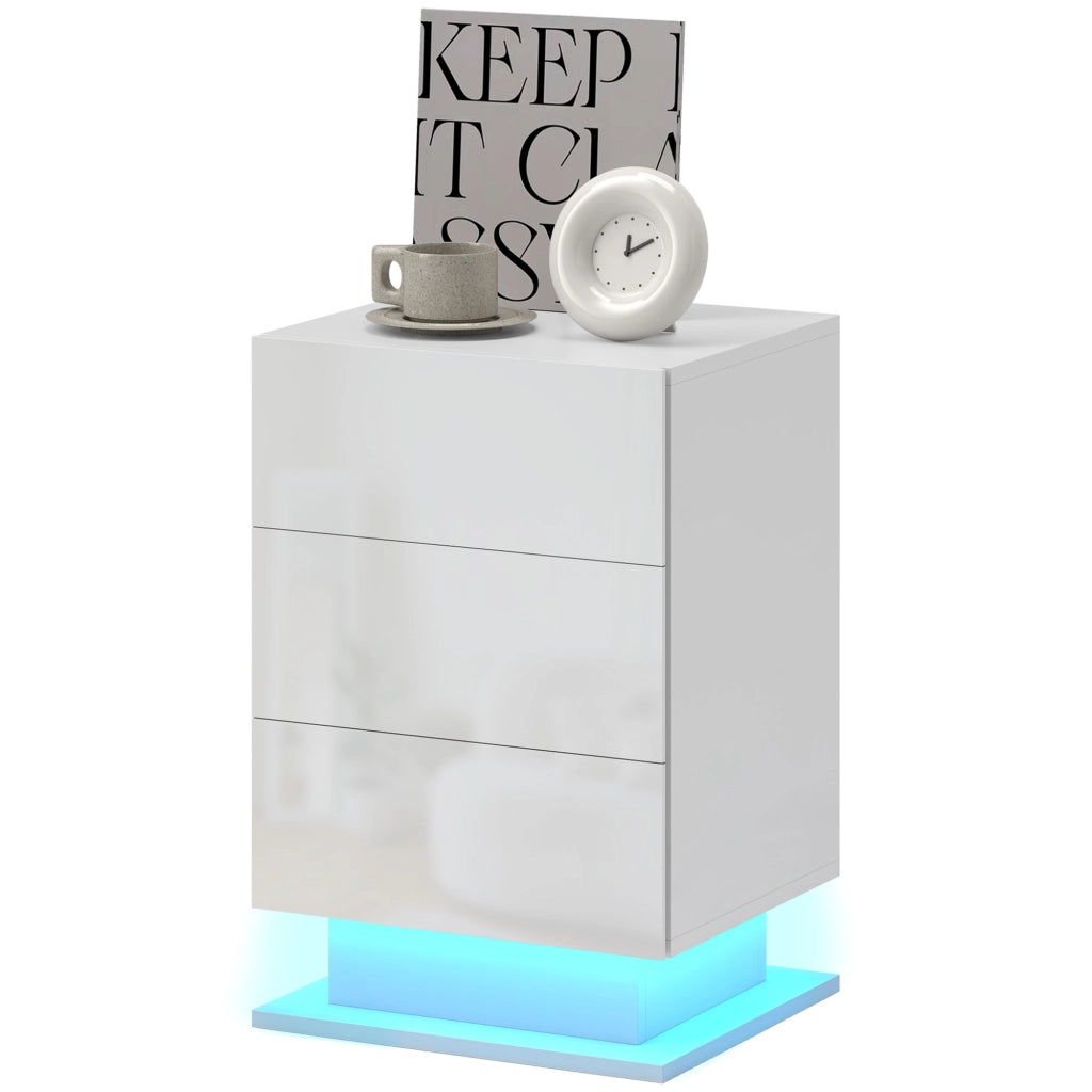 Comodino Moderno con Luce LED e 3 Cassetti ¨C Zephmum ¨C Bianco Lucido 40x35x60 cm