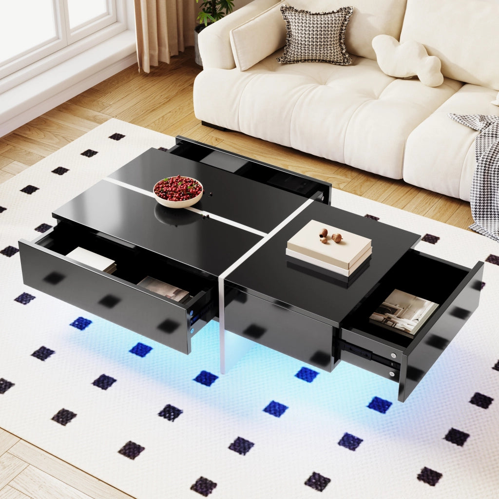 TAVOLINO DA SALOTTO 100x50x34,5 cm Nero Lucido con LED App e 3 cassetti