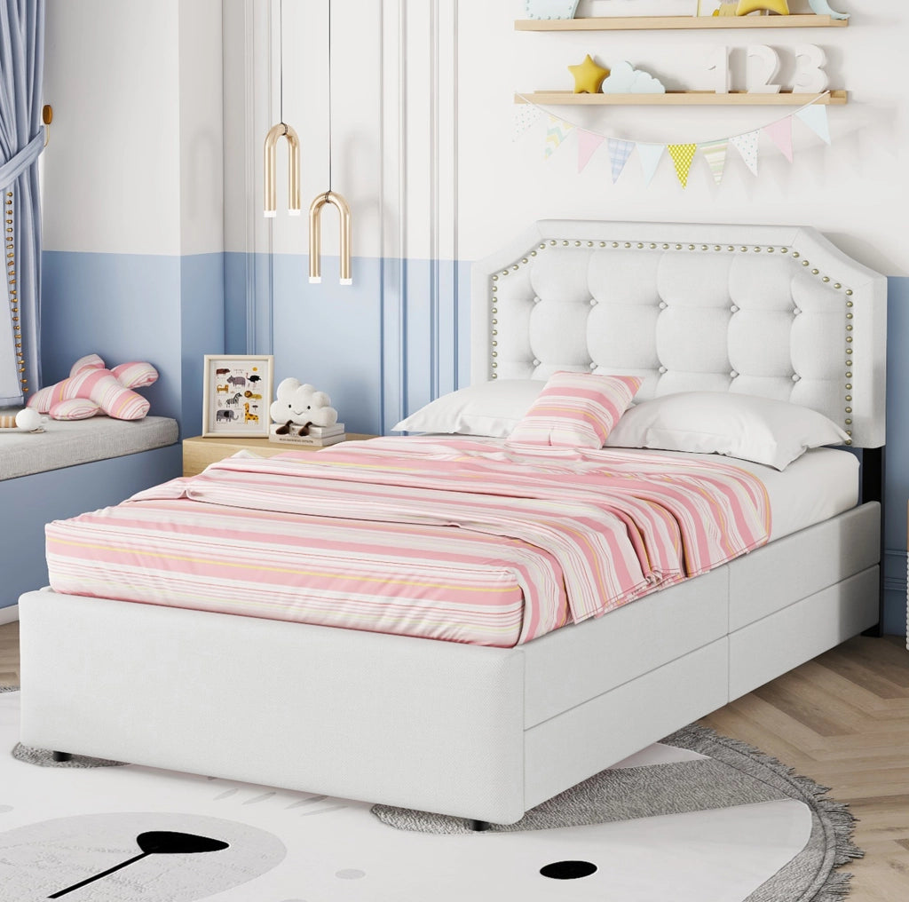 Letto singolo imbottito 90x200 cm beige chiaro con 2 cassetti