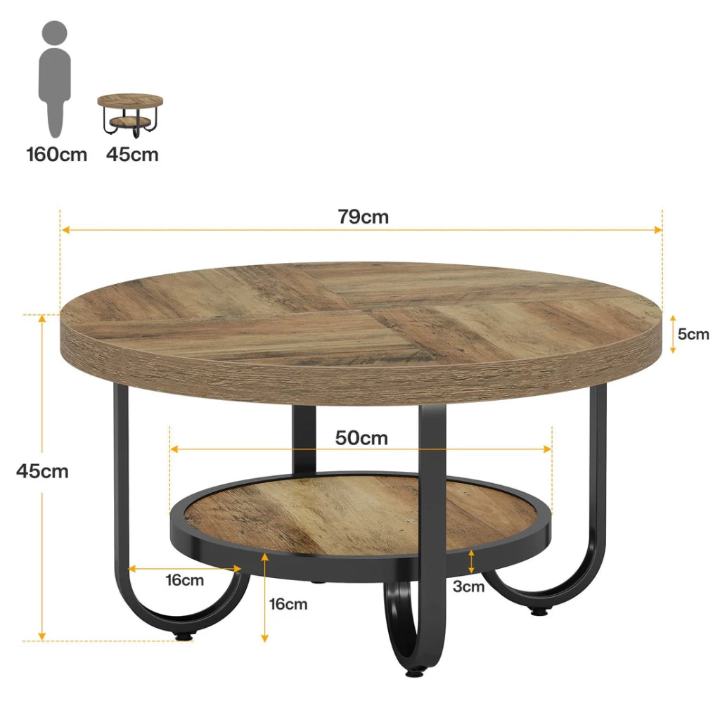 Tavolino basso rotondo a 2 livelli con ripiano contenitore stile industriale in MDF e metallo nero e marrone da salotto