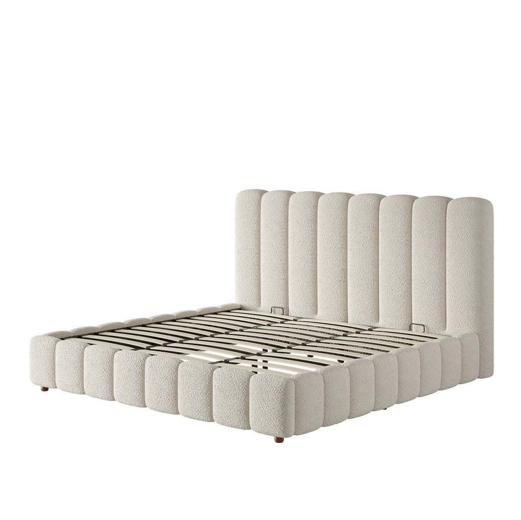 Letto matrimoniale 200x200 cm con contenitore idraulico; testiera imbottita; bouclé bianco