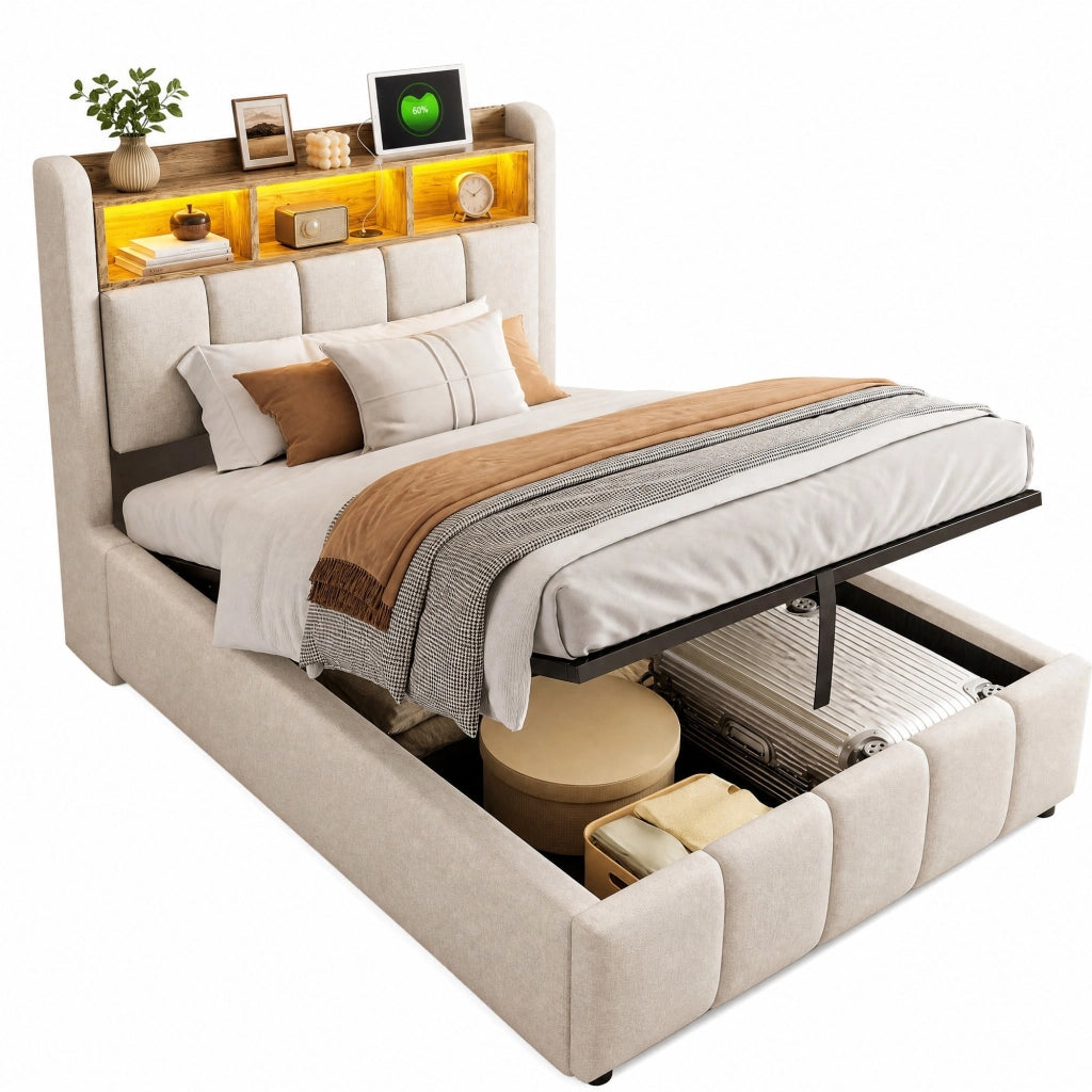 Letto imbottito 90x200 cm in tessuto effetto lino con LED, USB-C e vano contenitore idraulico, beige