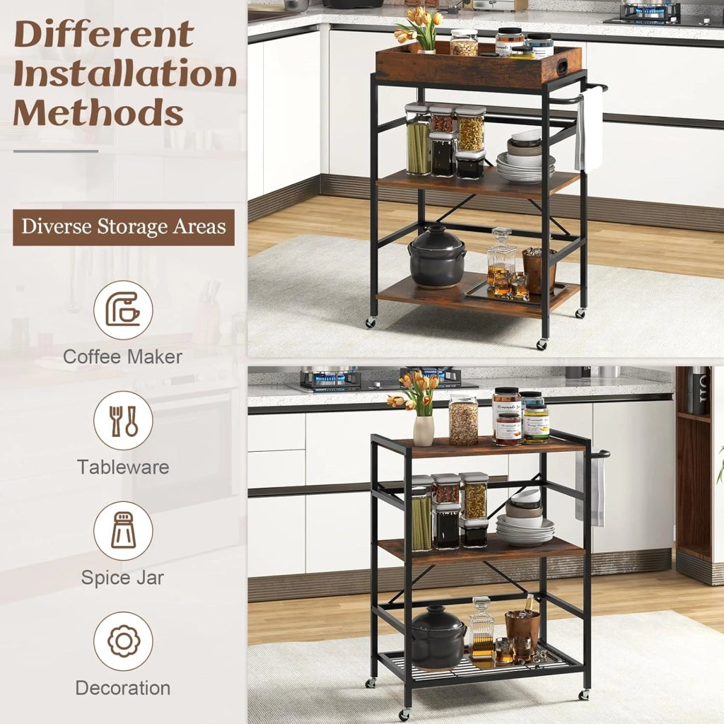 Carrello da cucina con vassoio estraibile e 4 ruote, carrello di servizio a 3 livelli con telaio in metallo, 73 x 40 x 94 cm, stile industriale, carrello ausiliario per cucina, sala da pranzo