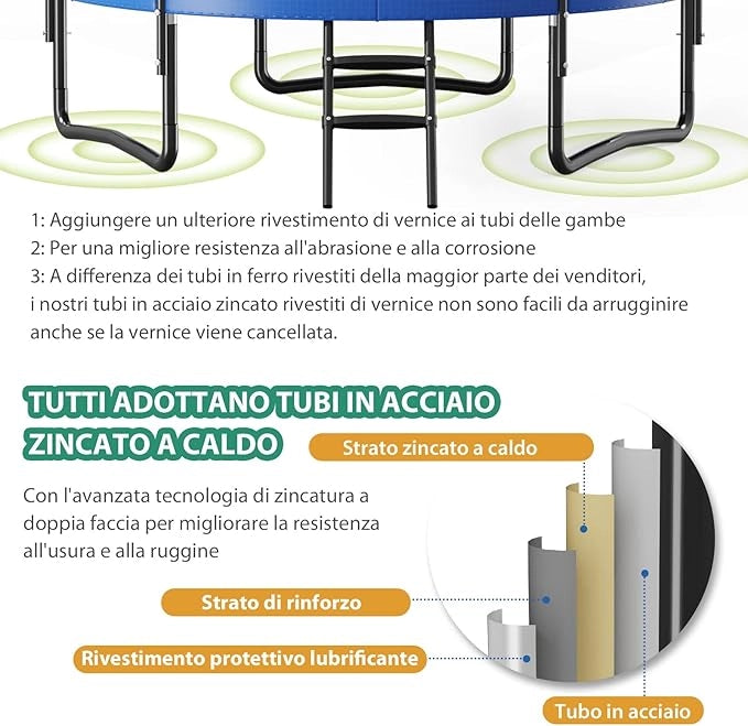Trampolino Elastico per Bambini 245/333/367 cm Certificato GS, Tappeto Elastico con Rete, Anello da Basket, Scaletta con 2 Gradini, Palla da Basket e Pompa, Portata 100 kg